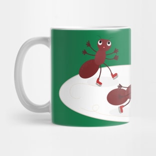 Happy red ants ice skating cartoon Mug